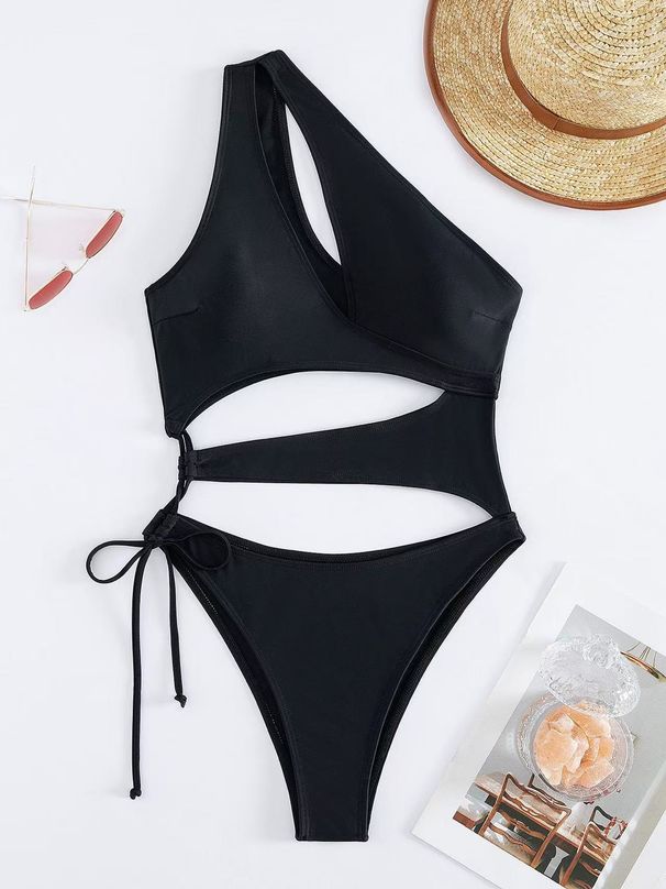 Women's Clothing Oblique Shoulder One Piece Swimsuit Sexy Conservative Solid Black One Shoulder Bikini_ecoleips.com