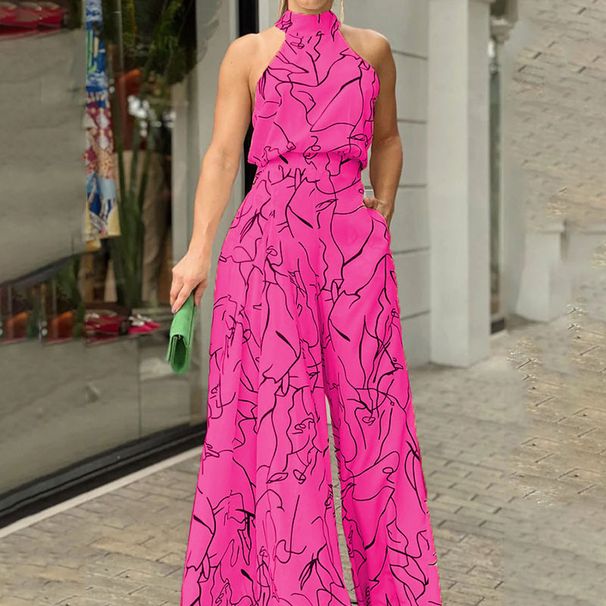 Summer Elegant Women's Sleeveless Halter Jumpsuit Waist Tie Printed European American Style Summer 2023_ecoleips.com
