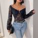 Lace Trim V-Neck Off-Shoulder Bodysuit – Long Sleeve Elegant & Sexy Jumpsuit With High Waist & Thigh Cut (S-XL, Lace Detailing For Evening Glam)_ecoleips.com