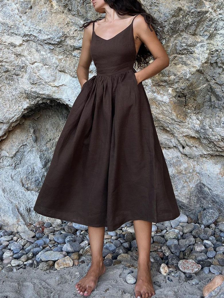 Women's Clothing Sexy Pure Cotton And Linen Strappy Backless Suspender Dress_ecoleips.com