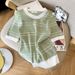 Korean Style Women's T-Shirt round Neck Striped Slim Fit Short Sleeve Ice Silk Knit Top for Summer New 2026_ecoleips.com