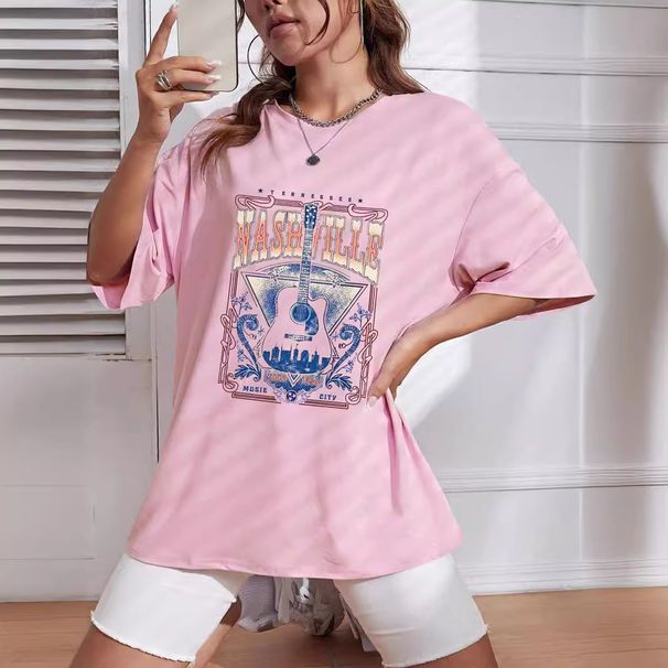 Women's Casual Loose T-Shirt round Neck Short Sleeve Guitar Letter Print Simple Sports Top_ecoleips.com