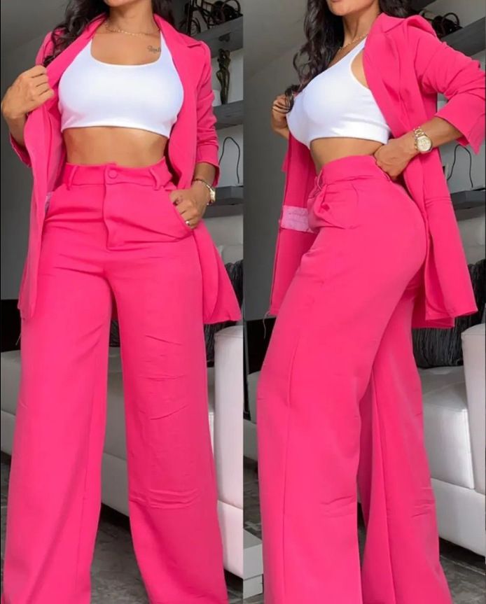 Summer Women's Elegant Solid Color Split Sleeve Lapel Straight Leg Suit Pants Set European And American Foreign Trade Clothing_ecoleips.com