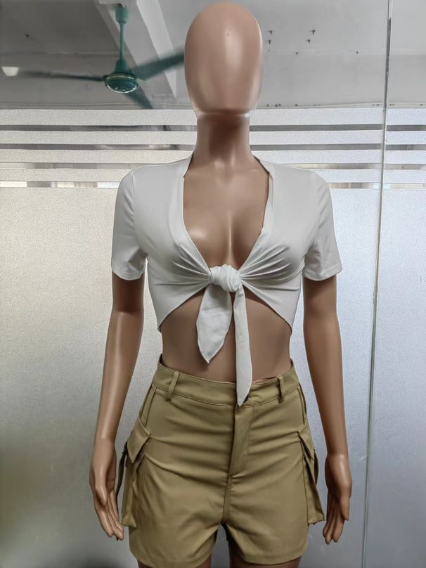 Women's Clothing Summer New Fashion Street Shooting Slim Solid Color Lace Short Tops_ecoleips.com