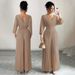 Women's Clothing Elegant V Neck Long Sleeve Jumpsuit Waist Cinching Pleated Commuter Style Fashionable Solid Color Jumpsuit_ecoleips.com