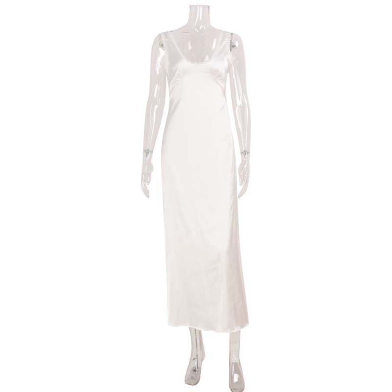 Summer Style V Neck Backless Satin Lace Trimmed Sleeveless Waist Cinching Elegant Dress For Women_ecoleips.com