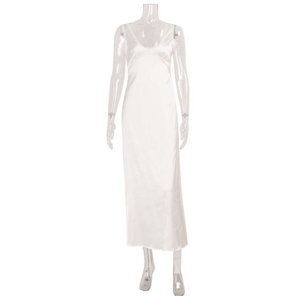 Summer Style V Neck Backless Satin Lace Trimmed Sleeveless Waist Cinching Elegant Dress For Women_ecoleips.com