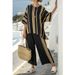Summer Women's 3D Printed Striped Color Block Top Mid Sleeve Round Neck Casual Mid Waist Straight Suit American Style_ecoleips.com
