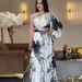 Women's Summer New U Neck Printed Long Sleeved Trumpet Sleeves Fashionable Slim Dress_ecoleips.com