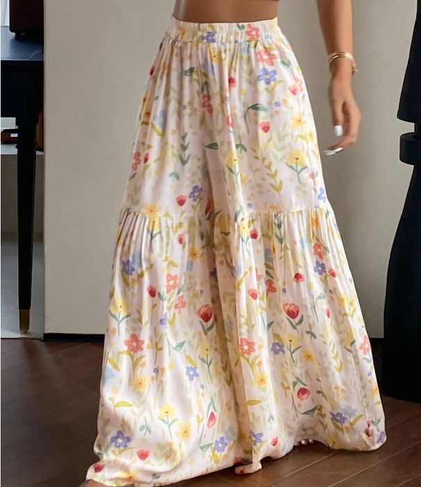 K Fairy Style Floral Pants For Women, High Waist, Loose And Thin Design, Wide Legs, Flowing And Slimming, Versatile Straight Leg Pants_ecoleips.com