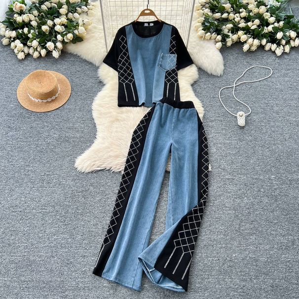 Women's Fashion Summer Set - Vintage Denim Patchwork Sleeveless Top & High-Waisted Wide-Leg Pants | Heavy Duty Rhinestone Embellished Outfit_ecoleips.com