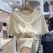 Women's Clothing Contrast Color Striped Shawl Sweater Short Sleeved T Shirt Temperament Two Piece Top_ecoleips.com