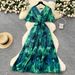 Women's Clothing Summer New Style High Grade Strap Waist V Neck Flared Sleeve Slim Temperament Printed Chiffon Dress_ecoleips.com