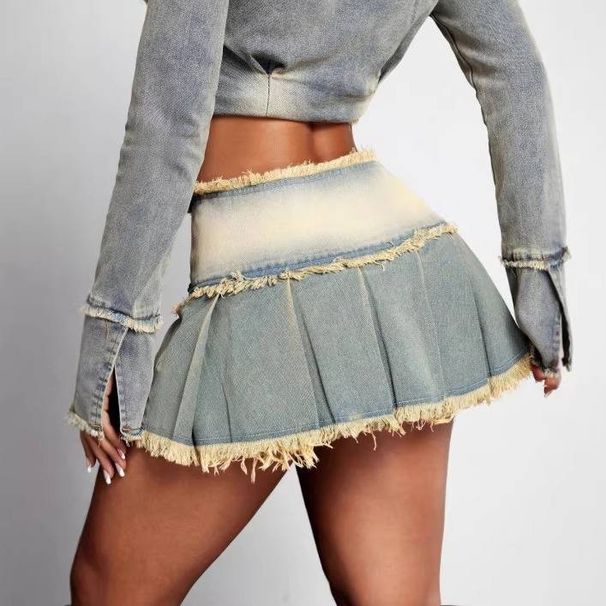 Summer Casual Distressed Denim Mini Skirt - Raw Hem Denim A-Line Skirt With Vintage Wash_ecoleips.com