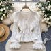 Elegant Lace Trimmed Peter Pan Collar Flared Sleeve Top French Style Single Breasted Slimming Long Sleeved Shirt For Women_ecoleips.com