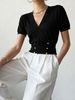 Women Lightweight Breathable Wrap V Neck Knit Top Short Sleeve Gold Button Slim Cropped Knit Blouse_ecoleips.com