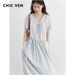 CHIC VEN Women Dresses Blue A Line Solid Short Sleeve Mushroom Lace Waist Adjustable Long Ladies Pullover Dress Summer 2026_ecoleips.com