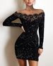 European American Style Lace Off-shoulder Dress With Hollow-out Glitter Accents And Stretch Fabric Bodycon Skirt_ecoleips.com