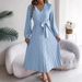 2026 Spring/Summer Elegant V-neck Buttoned Tie-Waist Pleated Long Dress Women's Clothing_ecoleips.com