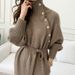 Women's Belted High-Neck Knit Dress – A-Line Long Sleeve Sweater Dress – Japanese Minimalist Style (One Size Fits S-L)_ecoleips.com