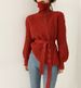 Korean Chic Oversized Tie-Neck Sweater - High Neck Bubble Sleeve Acrylic Knit Top (S-XL, Red/Blue)_ecoleips.com