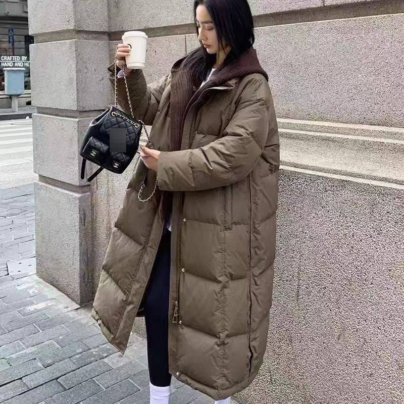 Women's Long Knitted Shawl Down Jacket – Korean Style Thick Loose Fit Winter Coat, Premium White Duck Down Filled Warm Outerwear_ecoleips.com