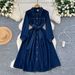 Women's Retro Style Denim Dress With Lapel Long Sleeves Tie Waist Single Breasted A-Line Knee Length Skirt_ecoleips.com
