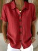Women's Short Sleeve Button-Up Shirt – Elegant Solid Color Lapel Collar Blouse For Summer Casual & Office Wear_ecoleips.com