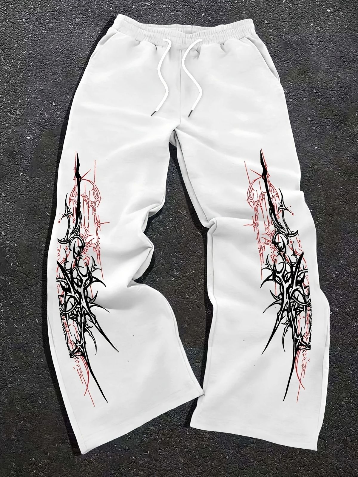 Women's High-Waisted Wide-Leg Trousers Adjustable Drawstring Casual Lightweight Y2K Printed With Pockets_ecoleips.com