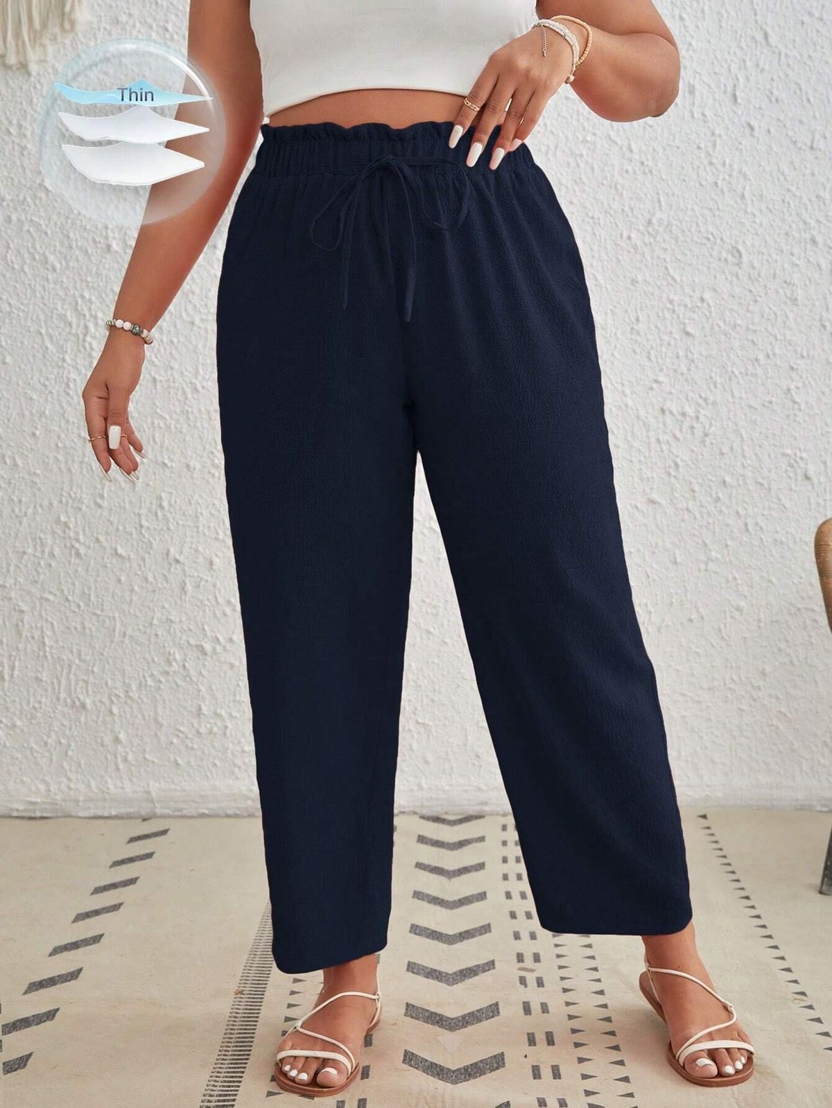 New Arrival 2026 Women's plus Size High Waist Wide Leg Casual Pants Drawstring Solid Color European American Style Long Fashion_ecoleips.com