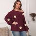 Plus Size Off Shoulder Batwing Sleeve Sweater For Women - Asymmetrical Design With Handmade Floral Details, Soft Acrylic Blend_ecoleips.com