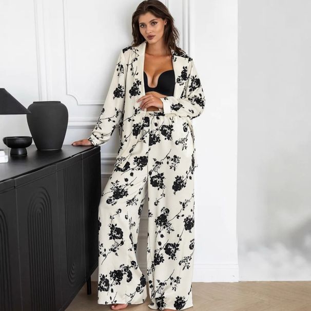 European And American Autumn New Printed Sleeve Long Pants Loose Comfortable Pajamas Two-Piece Set Cross-Border_ecoleips.com