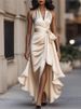 New Style Satin V-neck Sleeveless Ruffled Elegant Dress For Women Summer Fashion Solid Casual Holiday Party Dresses Robe Femme_ecoleips.com