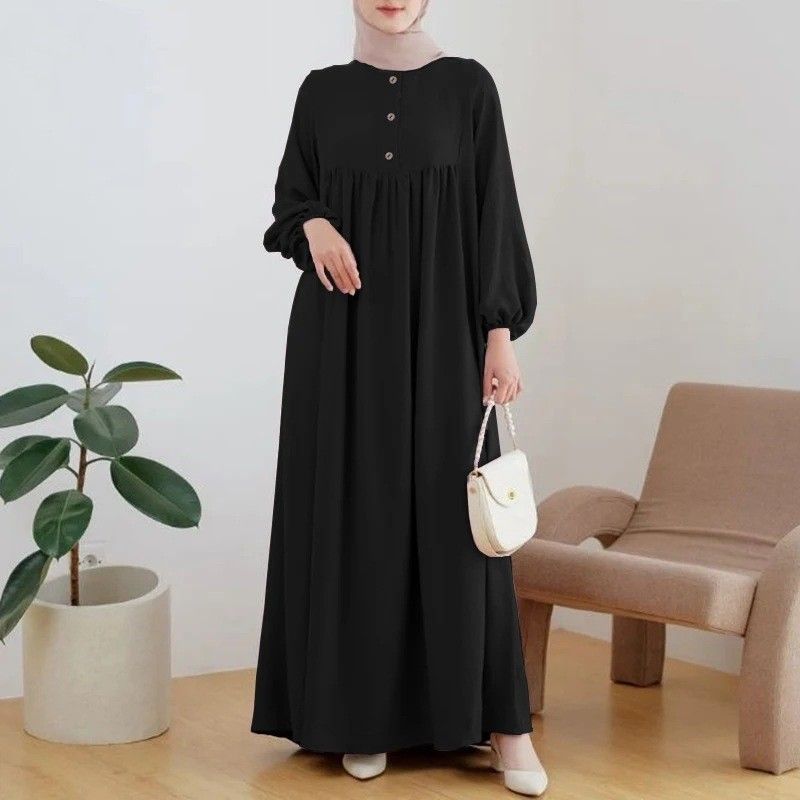 Women's Clothing Muslim Women's New Solid Color Robe Loose Dress Fashion Casual Lantern Sleeve Long Skirt_ecoleips.com