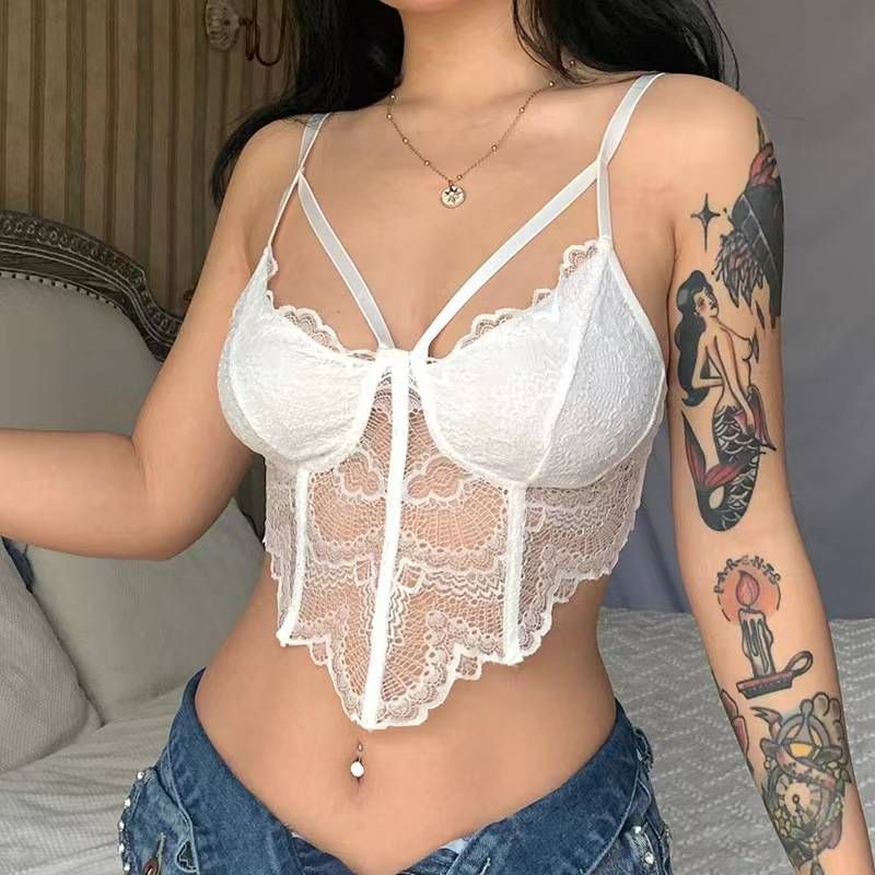 European And American Women's Polka Dot Mesh Lace Suspenders Top Navel Baring Fishbone Design Summer New Fashion 2022_ecoleips.com