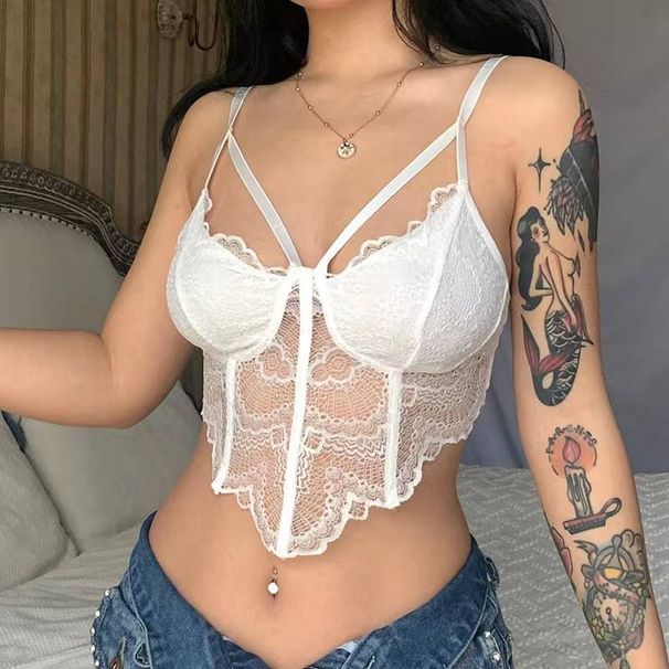 European And American Women's Polka Dot Mesh Lace Suspenders Top Navel Baring Fishbone Design Summer New Fashion 2022_ecoleips.com