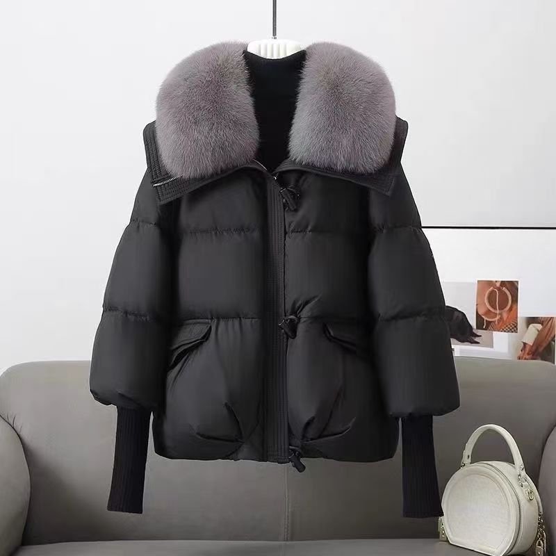 Women’s Short Puffer Coat With Faux Fur Collar – Winter Quilted Jacket, Loose Fit, Polyester Filling, Zipper Closure (Black/Brown, M-3XL)_ecoleips.com