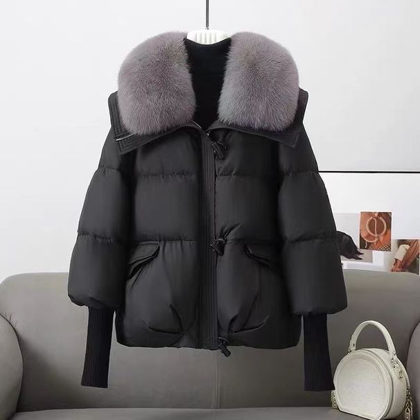 Women’s Short Puffer Coat With Faux Fur Collar – Winter Quilted Jacket, Loose Fit, Polyester Filling, Zipper Closure (Black/Brown, M-3XL)_ecoleips.com