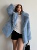 Women’s Faux Fur Coat – Mid-Length Winter Jacket With Notched Lapel (S/M/L, Peacock Blue/Lemon Yellow)_ecoleips.com