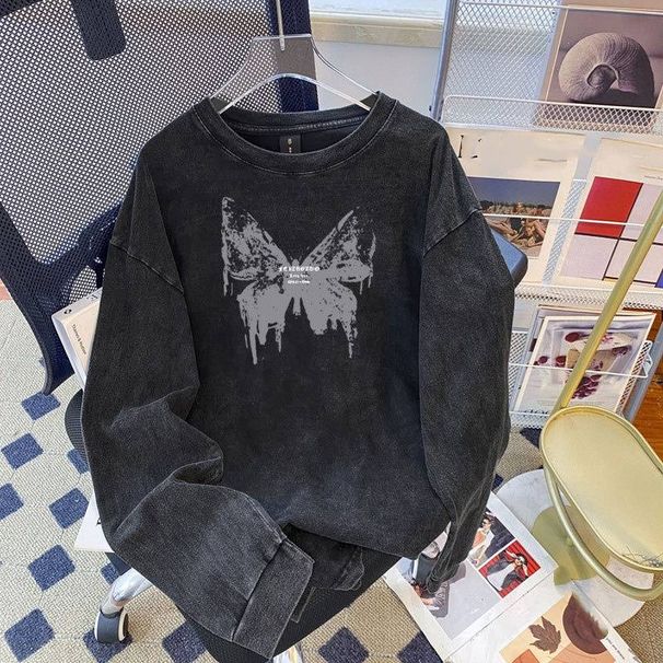 Distressed 230g Pure Cotton Long Sleeved Shirt For Women Back Collar Trendy Couple Style Casual Top In Real Photos_ecoleips.com