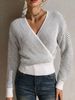 White Grey Stripe Cross Wrap Pit Rib Knit Sweater, Loose V Neck Lightweight Breathable Soft Skin-touch Long Sleeve Pullover_ecoleips.com