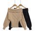 Women's Off Shoulder Long Sleeve Knit Sweater – Korean Chic & Slimming Fall/Winter Top (S/M, Khaki/Black/Red/White)_ecoleips.com