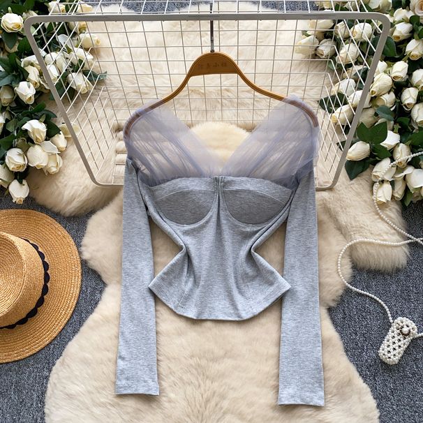 ng2510292 Carefully Selected Pure Desire Hot Girl Mesh Patchwork Long Sleeve T-Shirt For Women, 2025 Autumn, High-End Slim Fit,_ecoleips.com