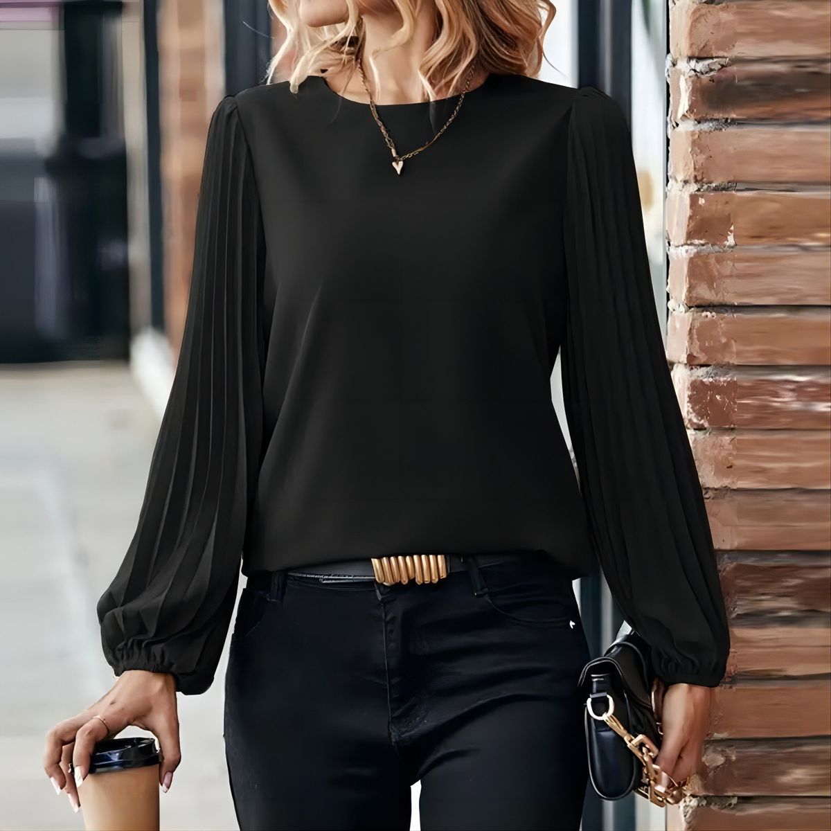 Women's Pleated Long Sleeve Shirt Spring Autumn American Style Casual Elegant Fashion Round Neck Retro Solid Color Top_ecoleips.com