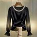 Women's Satin Pearl Neckline Sheer Mesh Blouse – Elegant See-Through Lace Top (S-XXL, Green/Black/White/Champagne Pink)_ecoleips.com