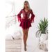 Women's Clothing Water soluble Lace Crochet Hollow V neck Tie up Trumpet Long sleeved Chiffon Dress_ecoleips.com
