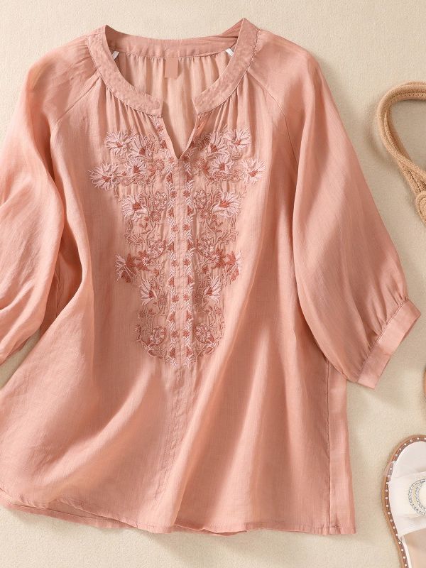 Women's Clothing Retro Cotton And Linen Flower Embroidered Shirt V Neck Slimming Simple Zen Style Solid Color Three Quarter Sleeve Top_ecoleips.com