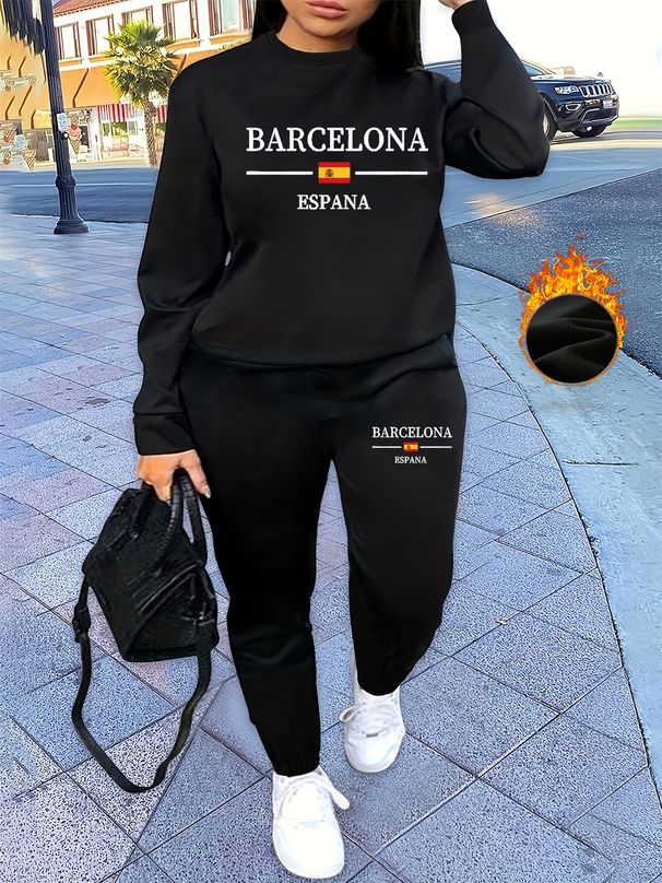 Women's Autumn And Winter Hip-hop Casual Street Barcelona Letter Pattern Printed Round Neck Sweatshirt+sweatpants Set_ecoleips.com