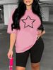 Summer Women's Casual And Fashionable Pentagram Graphic Print Loose T-shirt+shorts Two-piece Sportswear Suitable For Daily Wear-41_ecoleips.com