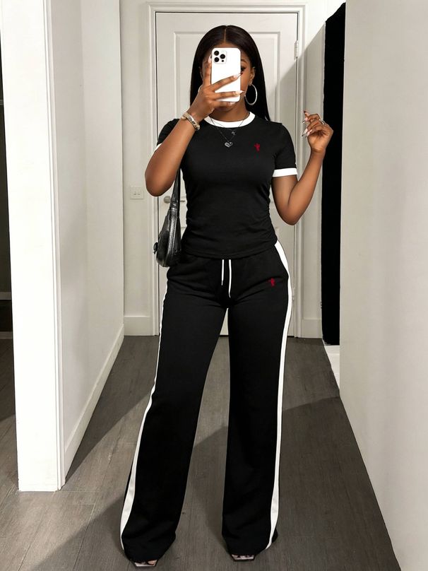 Women's Casual Sporty Two-Piece Set Short Sleeve Top Comfortable Pants Black White-1_ecoleips.com